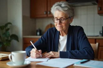 Femme d'âge moyen remplissant des formulaires de retraite dans une cuisine