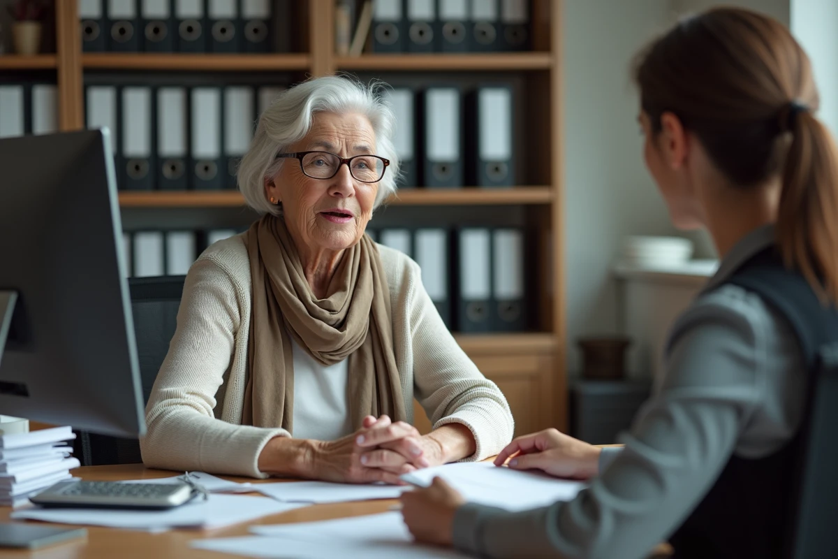 Femme retraitée parle avec une agente dans un bureau organisé
