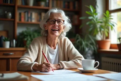 Femme retraitée souriante écrivant des paroles de chanson personnalisées pour une fête de départ en retraite à la maison