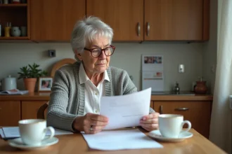 Femme retraitée lisant une lettre de pension à la maison