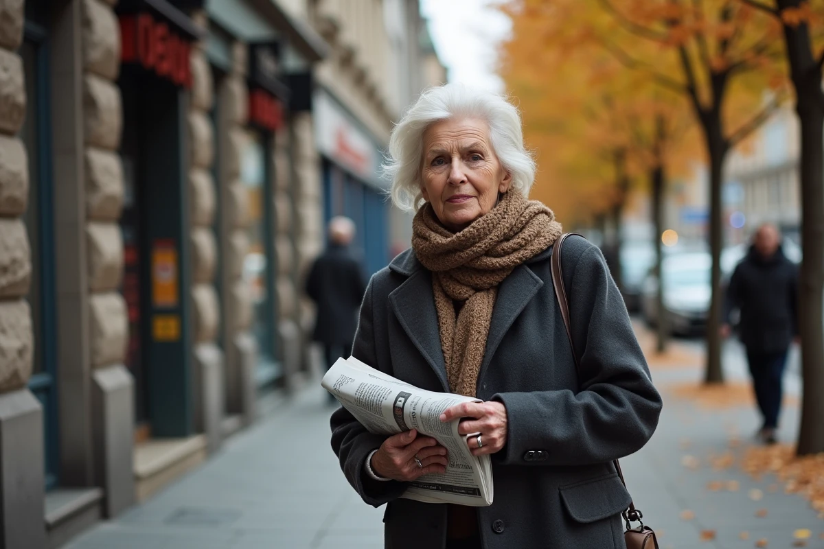 Femme retraitée marchant dans une rue urbaine en automne