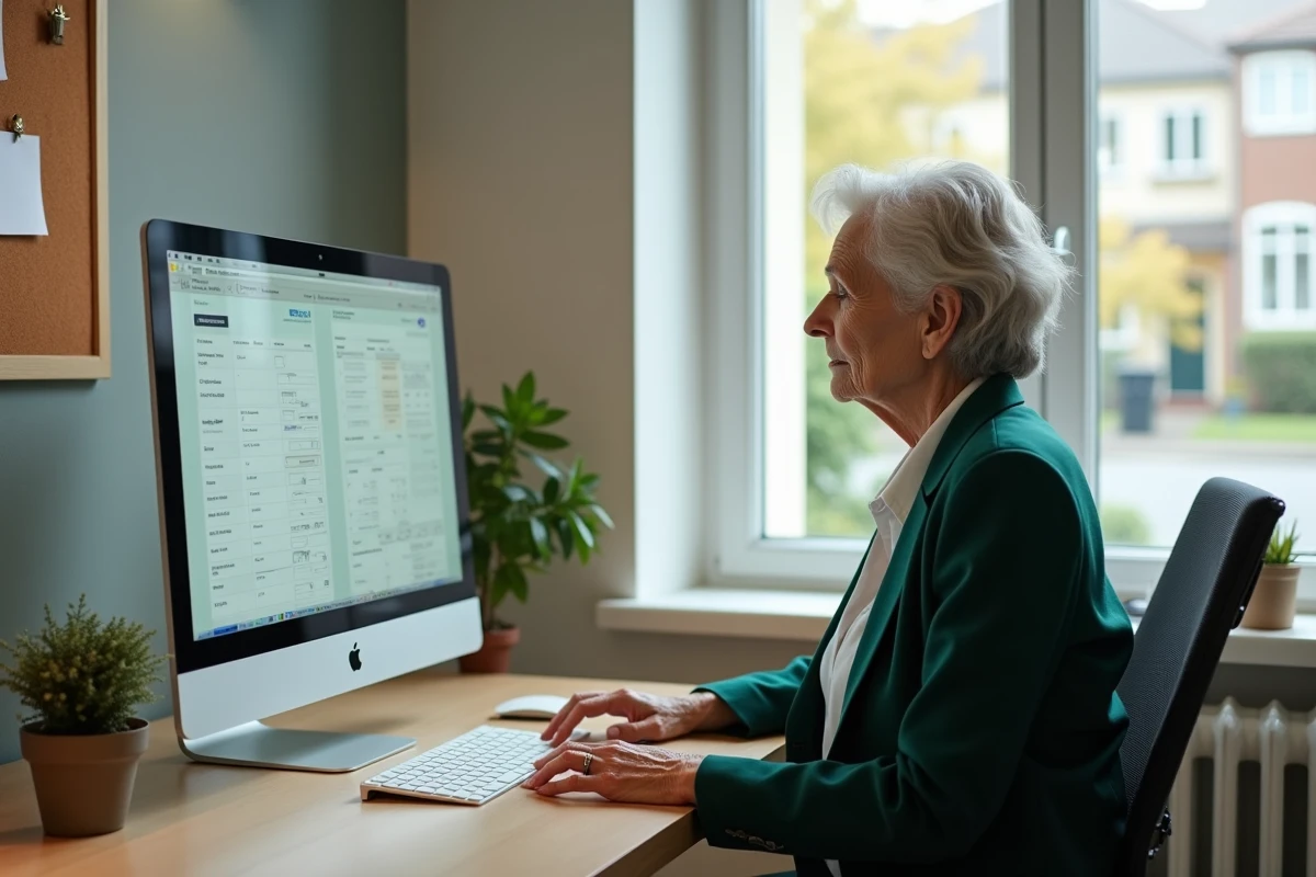 Femme retraitée utilisant un simulateur fiscal en ligne sur ordinateur de bureau à domicile pour estimer son impôt 2026