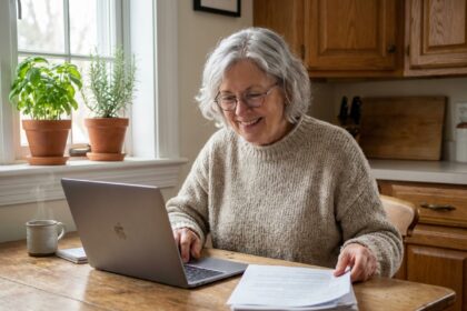 Femme retraitée souriante utilisant un ordinateur dans sa cuisine chaleureuse