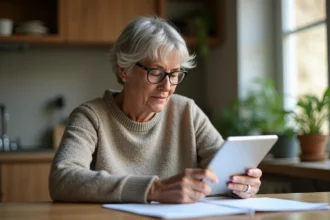 Femme d'âge moyen consulte un document légal sur tablette à la maison