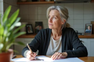 Femme d'âge moyen examine des documents dans une cuisine lumineuse