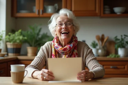 Femme souriante en cuisine avec carte de vœux