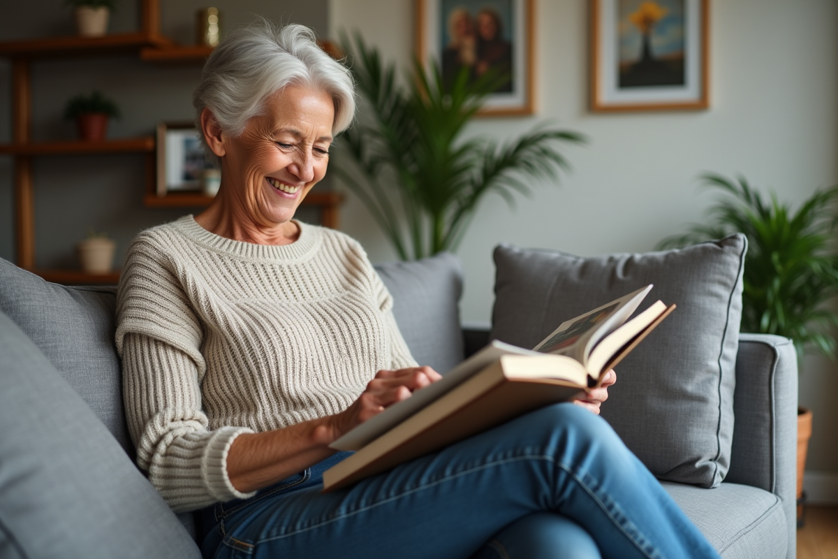 Femme souriante feuilletant un album photo dans un salon