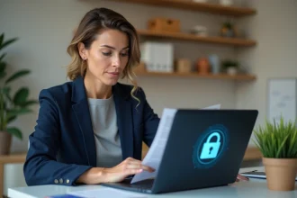 Femme consultant ses données personnelles sécurisées sur un ordinateur portable dans un bureau à domicile