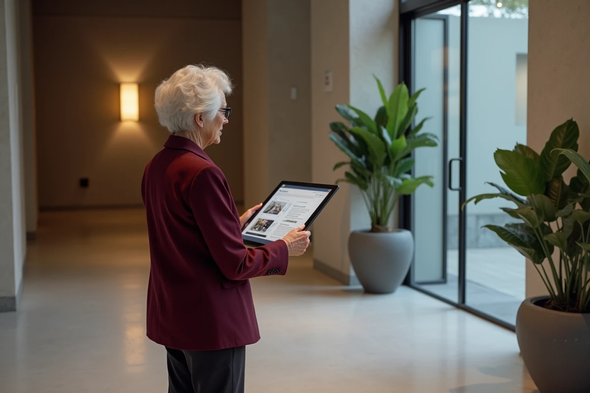 Femme senior élégante consultant le programme d'activités d'un club privé moderne à Paris