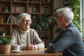 Femme senior souriante en intérieur lors d'une conversation chaleureuse
