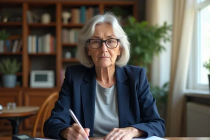 Femme senior consultant des documents de retraite à la maison, cherchant à éviter les erreurs de calcul de pension
