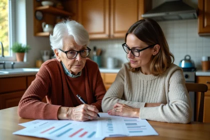 Femme senior et fille discutant d'un graphique AGGIR dans la cuisine