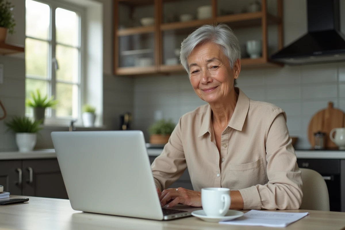 Femme senior sereine gérant ses points de retraite Agirc-Arrco en ligne depuis son domicile