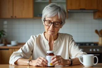 Femme senior lisant attentivement les contre-indications sur un flacon de complément alimentaire Bion 3 Senior dans une cuisine chaleureuse
