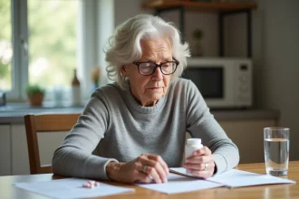 Femme senior lisant une bouteille de médicament avec inquiétude