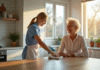 Femme senior souriante dans la cuisine avec une femme de ménage