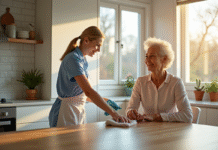 Femme senior souriante dans la cuisine avec une femme de ménage