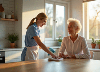 Pourquoi recourir à un service de ménage en tant que senior ? Femme senior souriante dans la cuisine avec une femme de ménage
