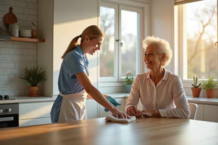 Femme senior souriante dans la cuisine avec une femme de ménage