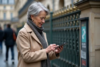 Femme senior vérifiant sa carte contactless près d'une entrée de métro parisien