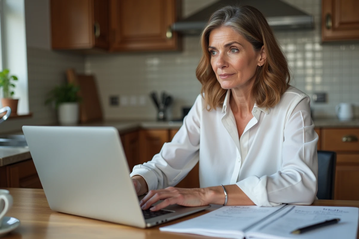 Femme de 62 ans préparant son projet personnalisé de recherche d'emploi chez elle devant son ordinateur portable
