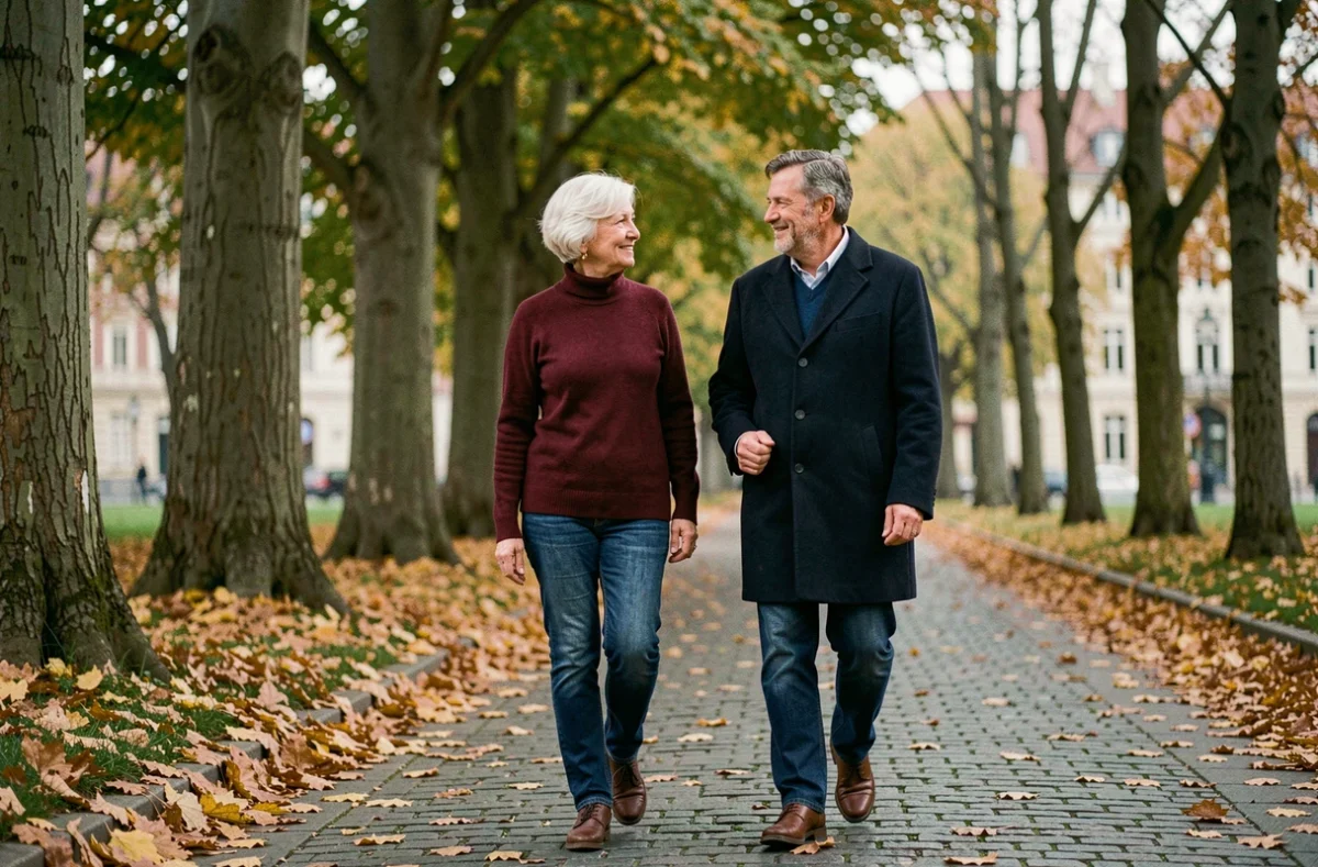 Femme senior de 67 ans se promenant en couple dans un parc automnal lors d'une nouvelle rencontre amoureuse
