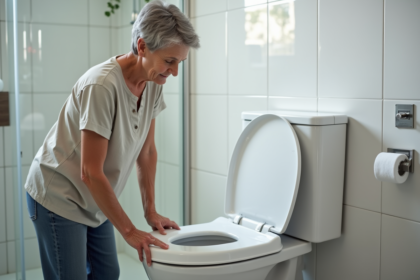 Femme d'âge moyen examine un siège de toilette surélevé