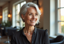 Femme élégante de 60 ans avec cheveux argentés dans un salon