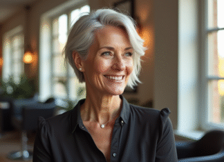 Femme élégante de 60 ans avec cheveux argentés dans un salon