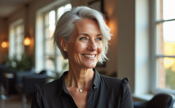Femme élégante de 60 ans avec cheveux argentés dans un salon