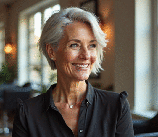 Femme élégante de 60 ans avec cheveux argentés dans un salon