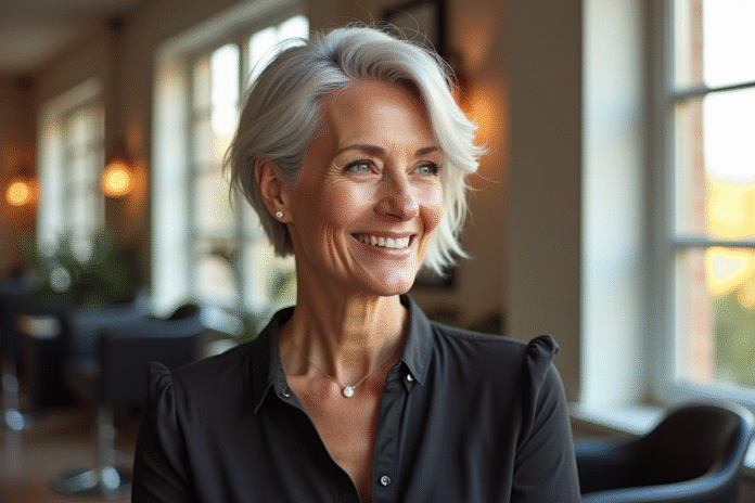 Femme élégante de 60 ans avec cheveux argentés dans un salon