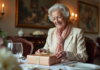 Cadeau pour 70 ans : comment sublimer cet anniversaire avec élégance ? Femme âgée souriante déballant un cadeau lors d'un repas élégant