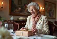 Femme âgée souriante déballant un cadeau lors d'un repas élégant