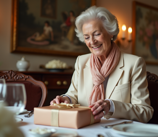 Cadeau pour 70 ans : comment sublimer cet anniversaire avec élégance ? Femme âgée souriante déballant un cadeau lors d'un repas élégant