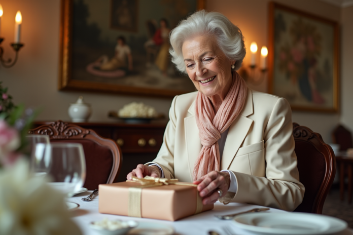 femme-souriante-cadeau-anniversaire Femme âgée souriante déballant un cadeau lors d'un repas élégant