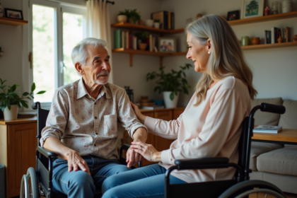 Femme aidant un senior dans un salon lumineux
