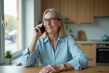 Femme d'âge moyen parlant au téléphone dans une cuisine moderne