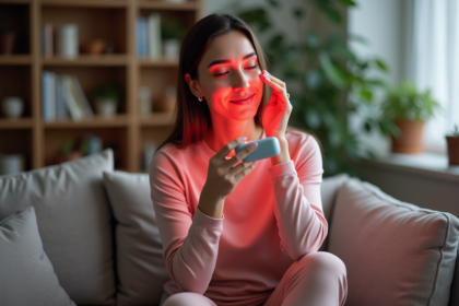 Femme utilisant un appareil de luminotherapie à la maison