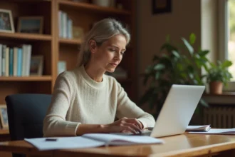 Femme d'âge moyen travaillant à son bureau à domicile