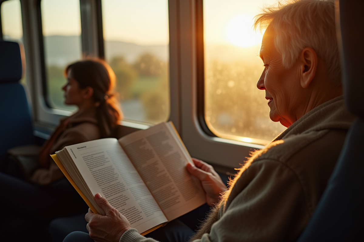 Femme active lisant un guide de voyage dans un train ensoleille