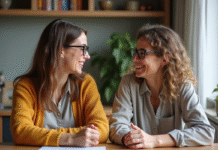 Deux femmes souriantes dans une cuisine chaleureuse