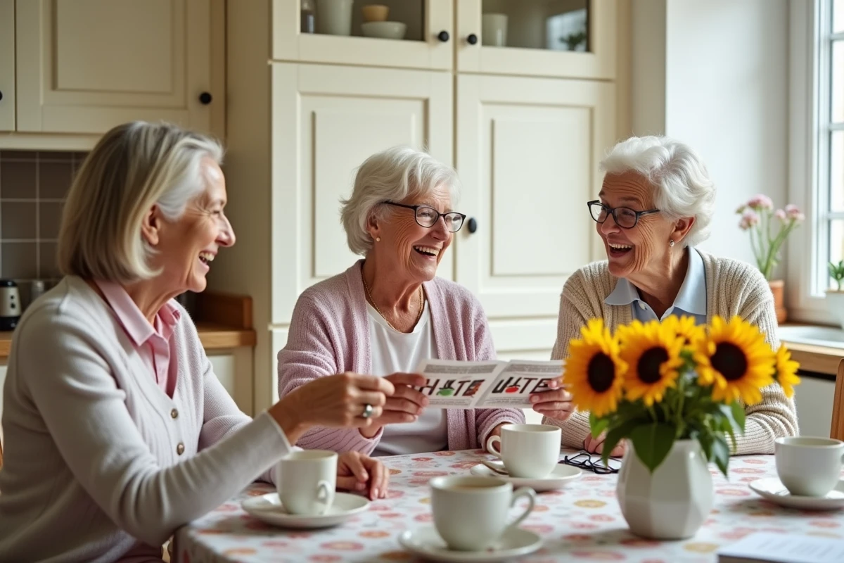 Groupe de femmes retraitées riant ensemble autour d'une table de cuisine avec des citations humoristiques sur la retraite