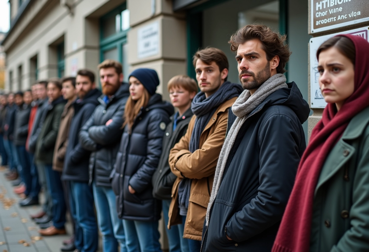 Groupe de personnes en file devant un bureau d