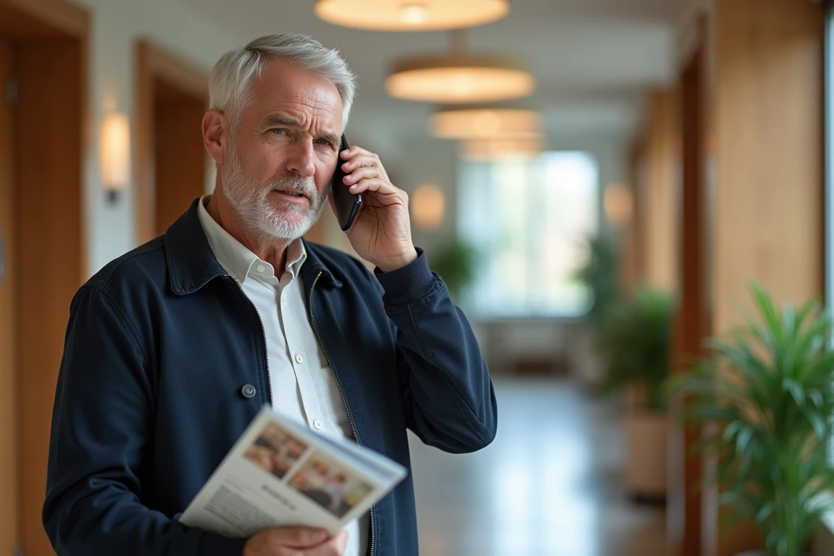 Un fils aidant en démarche d'accompagnement téléphone depuis le couloir d'une maison de retraite moderne en tenant une brochure