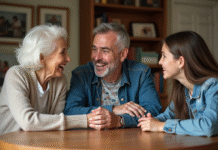 Trois générations souriantes autour d'une table familiale
