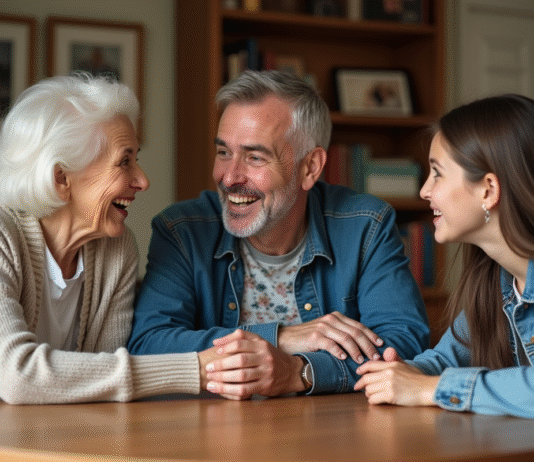 Conversations intergénérationnelles : définition, enjeux et conseils pratiques Trois générations souriantes autour d'une table familiale