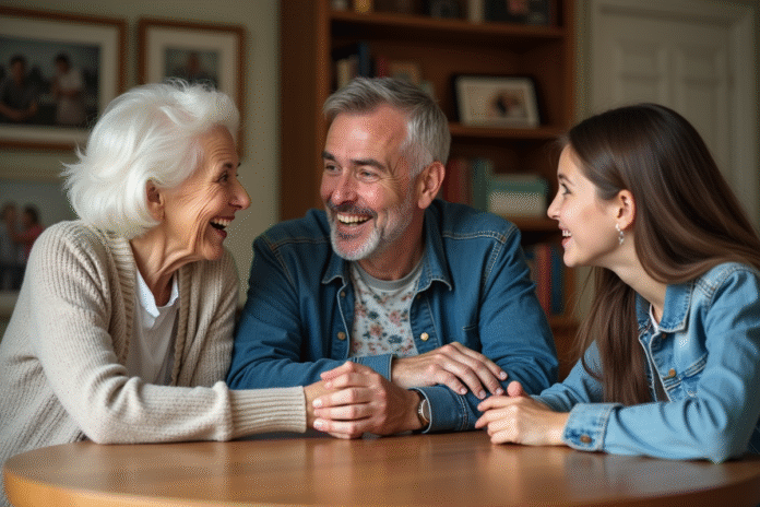 Trois générations souriantes autour d'une table familiale