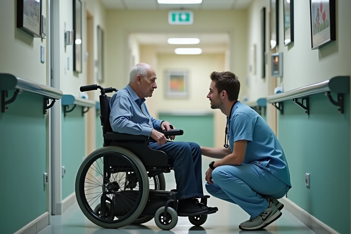 Soignant accompagnant un homme âgé en fauteuil roulant motorisé dans un couloir d'EHPAD, illustrant la dépendance sévère du GIR 2