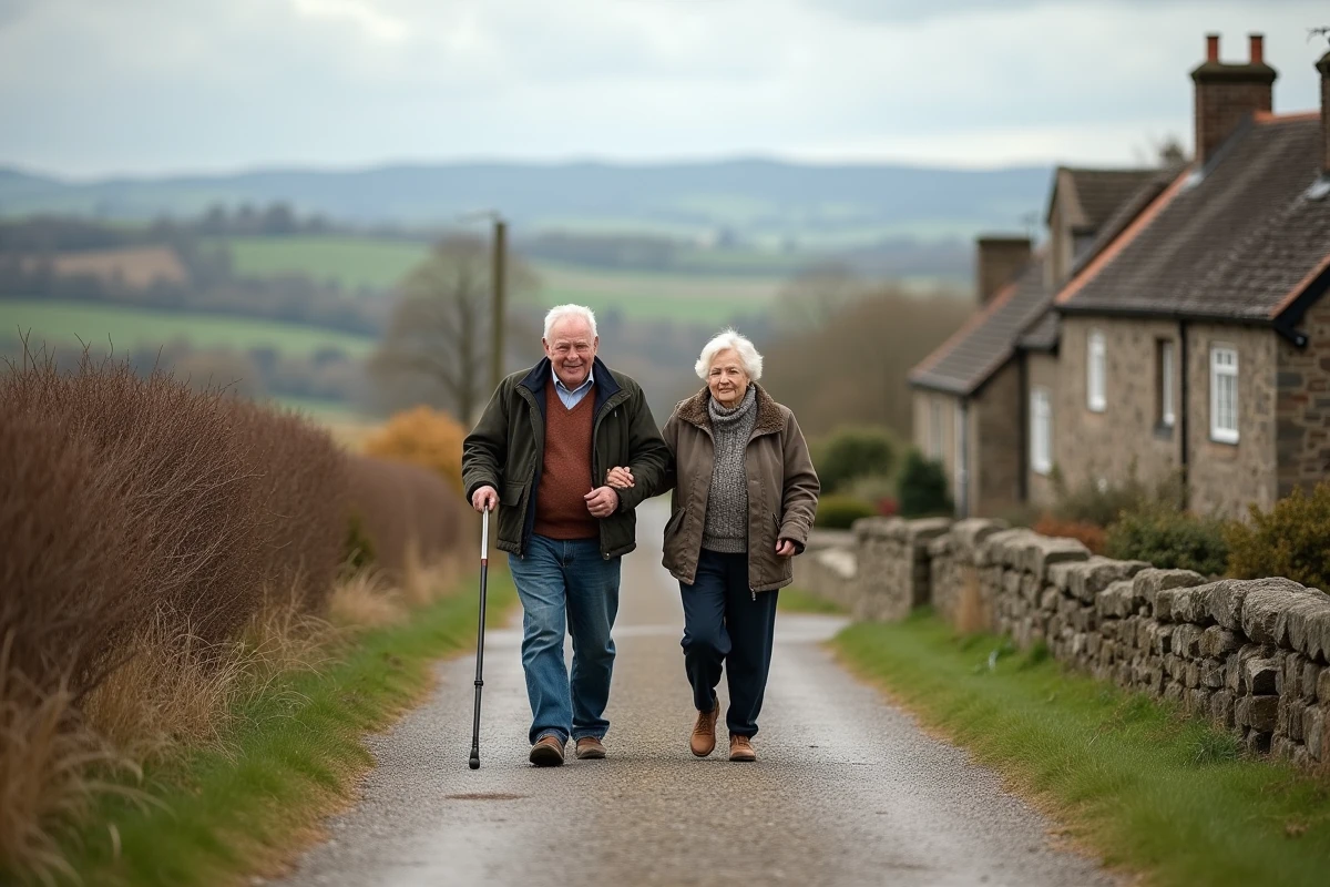 Un couple de personnes âgées marchant dans un village rural, symbolisant la dépendance légère et la transition vers l'EHPAD en zone rurale, GIR 4